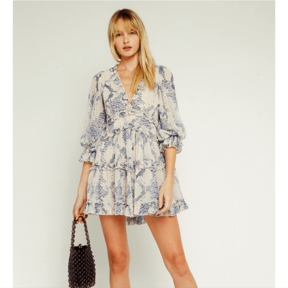 POOKIE & SEBASTIAN RUFFLED SNAKE PRINT OPEN BACK MINI DRESS WOMENS SIZE SMALL